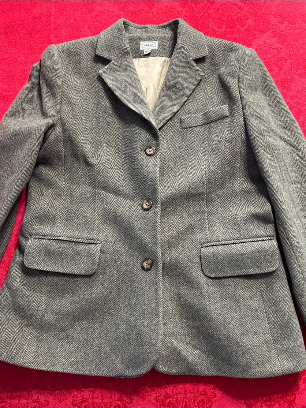 L.L.Bean Women’s 12P Olive Herringbone Tweed Blazer Wool Blend Petite